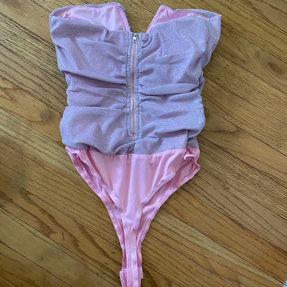 Pink Metallic Ruched Bodysuit - Picture 3 of 4